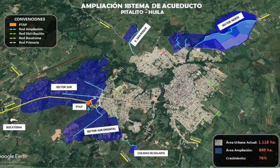 Mapa de la expansión del servicio de acueducto en Pitalito